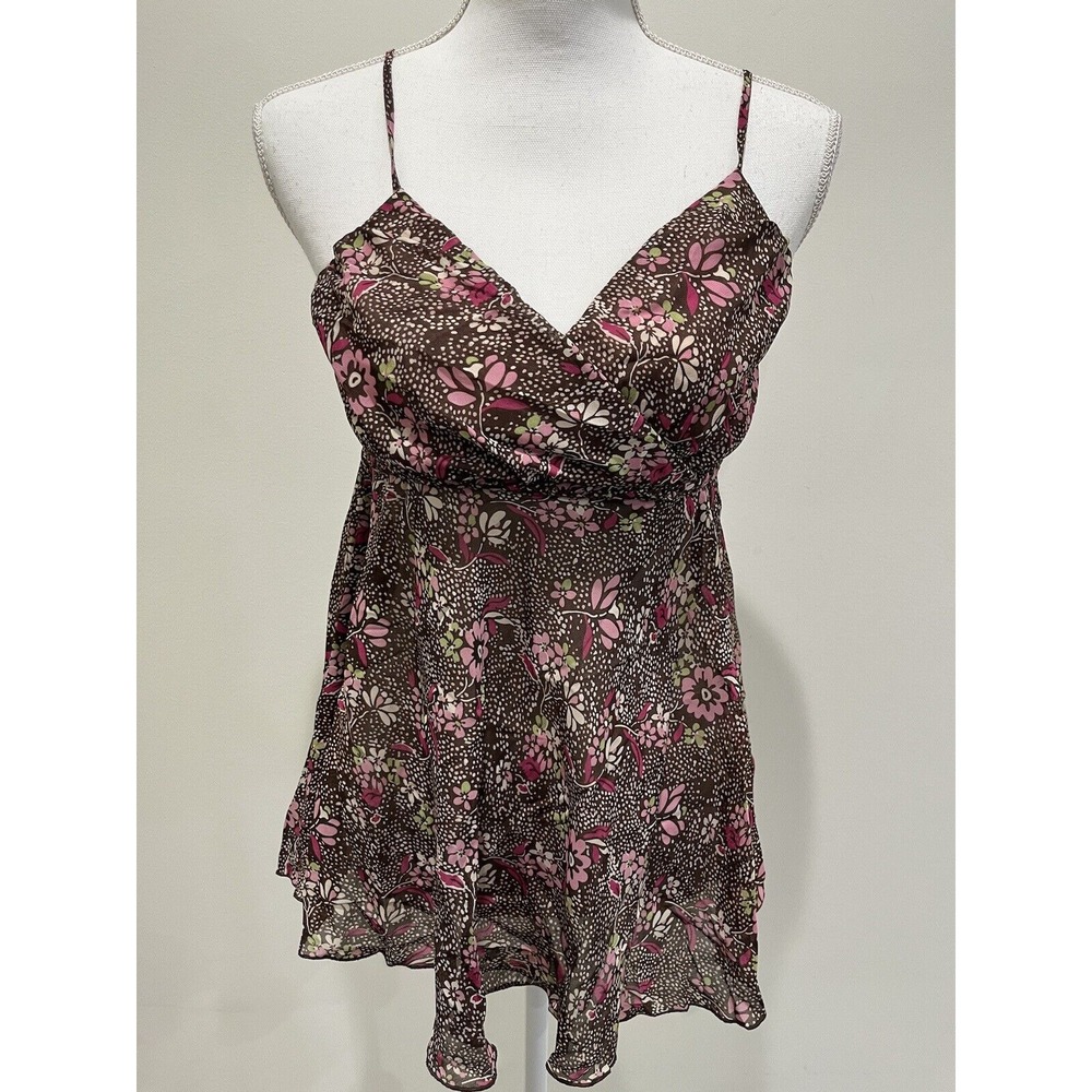 Vintage Womens Y2K Sheer Babydoll Top Size M Brown Pink Floral Fairy Whimsigoth